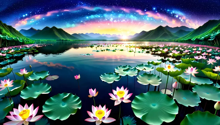 超 high image quality, high image quality, high quality , Spectacular Scenery , Magnificent Pure Land of Paradise ,((Heavenly world)),((( large group of huge and very beautiful lotus flowers that fill the surface of the lake))),(((1000 lotus flowers on th...