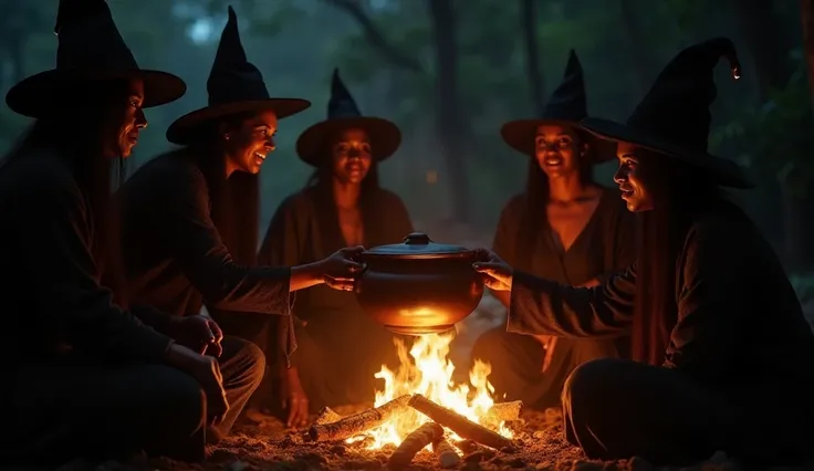 HD image of the coven gathered around a roaring fire at night, passing the pot around in a ritualistic manner. The flames cast an ominous glow on the pot’s polished surface, making it shimmer eerily. The witches, dressed in traditional attire, chant as the...