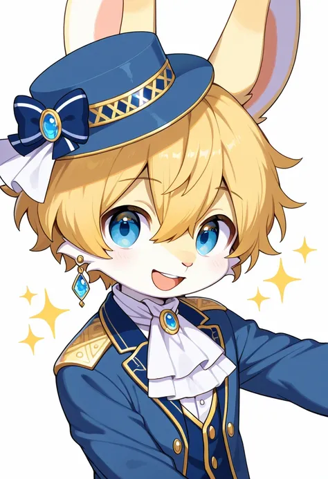 1boy, (furry, kemono:1.4), rabbit boy, animal nose, rabbit ears, blonde hair, male focus, solo, hat, white background, blue eyes, open mouth, smile, looking at viewer, simple background, long sleeves, blue headwear, short hair, jacket, jewelry, upper body,...