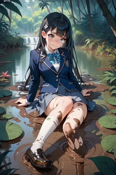  high school girl, navy blue blazer,Navy Skirt, white socks, black loafers, long black hair,Muddy blazer,Skirt covered in mud,Socks covered in mud, Jungle,Swamp, breakdance , crying face,