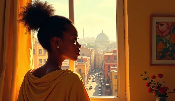 A young African woman of 20 with open and beautiful hair named Nia. qui regarde à travel la fenêtre de ça chambre la ville de bamako