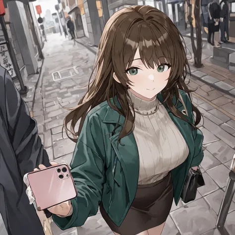 Woman looking at smartphone while walking、 comments、Brown Hair Long 、 dark green eyes 、 skirt by humili、Woman looking at her smartphone while walking on the street outside winter 