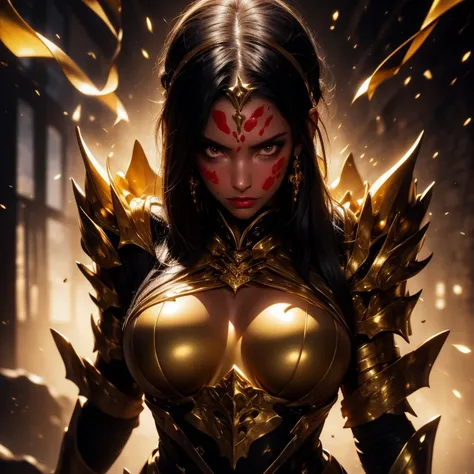 hyper realistic high resolution masterpiece detailed, A powerful and confident woman (cherry red skin: 1.4), standing alone, black hair, yellow glowing eyes, exuding strength and beauty, dramatic lighting, vivid colors, captivating, black with gold trim le...