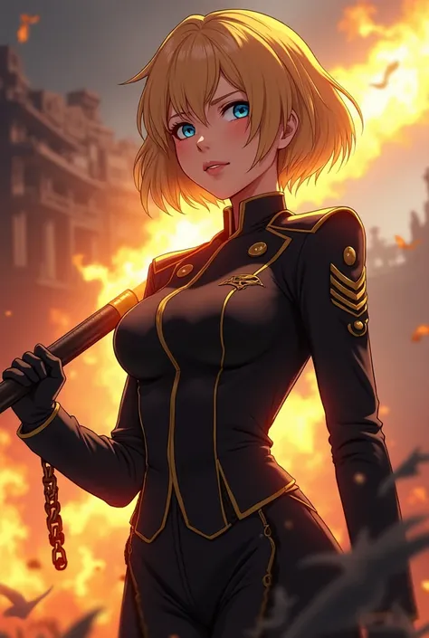 "4K anime style quality, digital drawing mode, a dignified and adventurous young woman with short golden blond hair, deep blue eyes, and a confident smirk, wearing a black suit with golden design, standing in the army base with a flaming pipe in her hand, ...