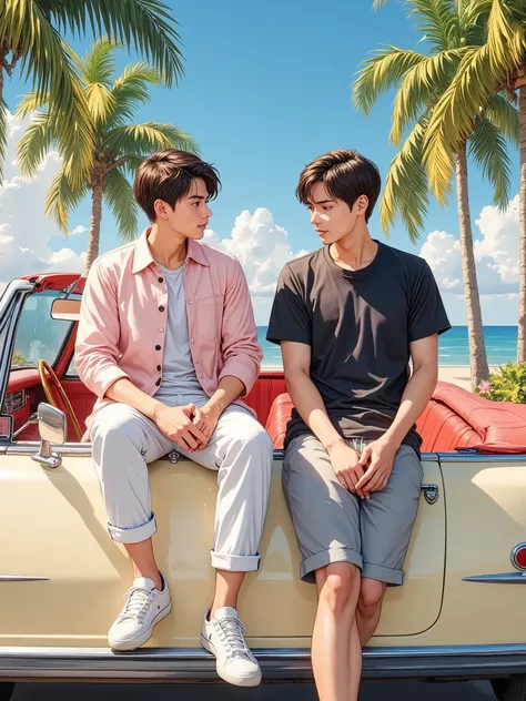 Two young men, likely in their late s or early twenties, of East Asian descent, are seated on a vintage cream-colored convertible.  The man on the left, positioned slightly to the left of center, wears a light pink, button-up, bomber-style jacket over whit...