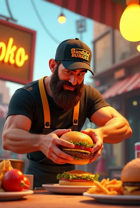  Pixar-inspired 3d poster capturing a scene with a man wearing black and yellow clothes,  muscular, bearded, wearing a black cap written Sandubão Burguer and making a hamburger 