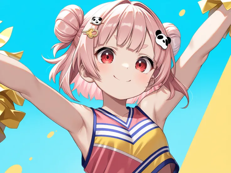 (  Masterpiece,   top quality :1.2),  pale pink hair 、 small size bun hair  、 Half Twin、 short hair 、 princess cut 、 thin oval eyebrows  、 panda face design hairpin、 red eyes 、 cheerleader、 jump with open arms、 below、smile、yellow and light blue splash back...