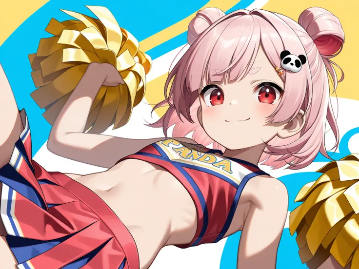 (  Masterpiece,   top quality :1.2),  pale pink hair 、 small size bun hair  、 Half Twin、 short hair 、 princess cut 、 thin oval eyebrows  、 panda face design hairpin、 red eyes 、 cheerleader、 jump with open arms、 below、smile、yellow and light blue splash back...