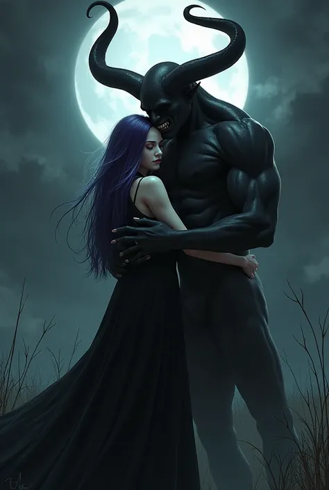 Demon big black ,  with horns,  hugs a girl with purple long hair,  she is wearing a black gothic dress . background, full moon, dark time of day