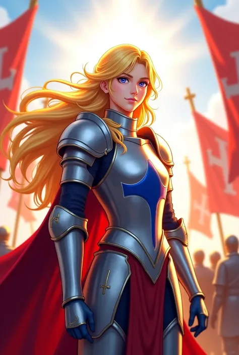 "4K anime style quality, digital drawing mode, a radiant and holy knight with long golden blonde hair, gentle violet eyes, wearing shining silver and blue armor with a flowing red cape, standing in a medieval battlefield with banners waving in the wind, fu...