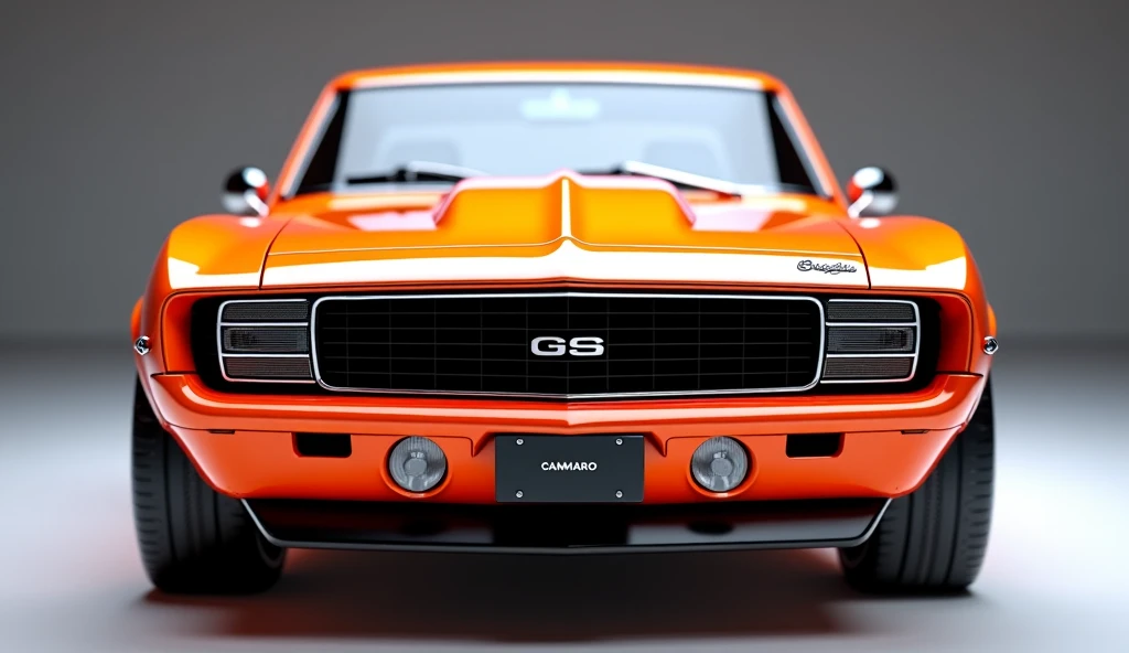 Close full front view Create an ultra-detailed 3D render, of a modern 1969 Chevrolet Camaro classic model full front with a bold design looking long  captured from straight  full front view. The car should feature organe color with a ' Chevrolet Camaro cla...