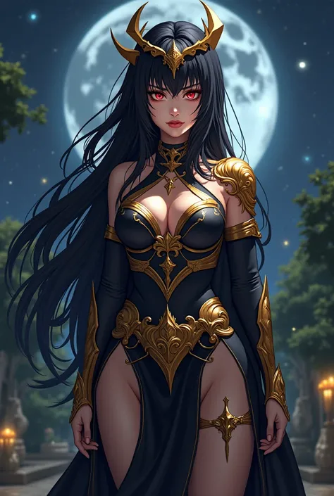 "4K anime style quality, digital drawing mode, a goddess of beauty and war with long black hair adorned with golden accessories, fierce crimson eyes, wearing a black and gold outfit with golden armor plates, standing in a garden under the starry night sky ...