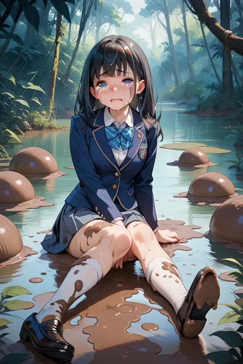  high school girl, navy blue blazer,Navy Skirt, white socks, black loafers, long black hair,Muddy blazer,Skirt covered in mud,Socks covered in mud, Jungle,Swamp,Mat exercise, crying face,