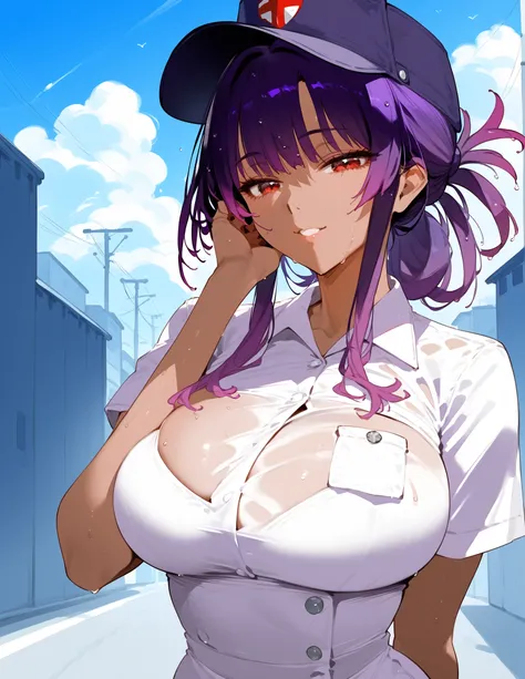 anime artwork,score_9,score_8_up,score_7_up,score_6_up,score_5_up,score_4_up,big breasts,cap,she is 24 years old,horny,style_3,outdoors,wet,dark atmoshpere,gaps in the clouds,nurse outfit,saeko busujima \(\),purple hair,bangs,side lock hair,folded ponytail...