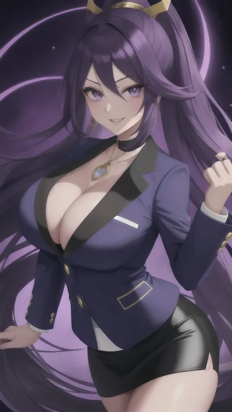   erotic、 Pokémon　Sirona、 Gold、Big Breasts,  alone,teacher、 An open navy blue blazer、 black pencil skirt,  Purple Wicked Background 、  top quality,  detailed face,  detailed eyes,  Hi-Res,、 Evil Evil Female Executive、 Wicked Smile 、 cleavage、 sexy pose、Fal...