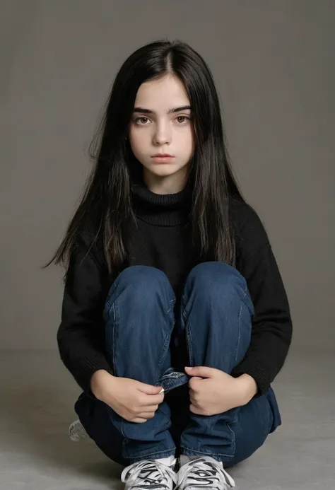 Realistic photo of a cute 8yo primary school girl of European appearance, rounded face; long, thin, space-black hair falling over her face, very pale skin, eyebags, puffy lips ; Large seriously dark brown eyes, long eyelashes, thick eyebrows, a serious tho...