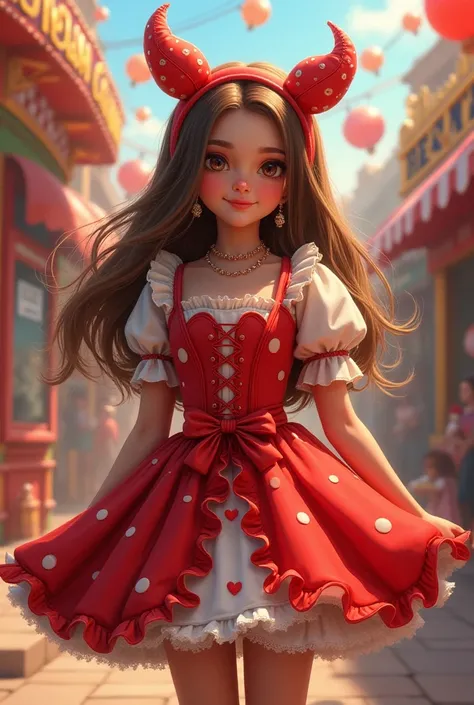 Image of  girl with long brown hair ,  normal build wearing a carnival costume in the shape of a red half heart