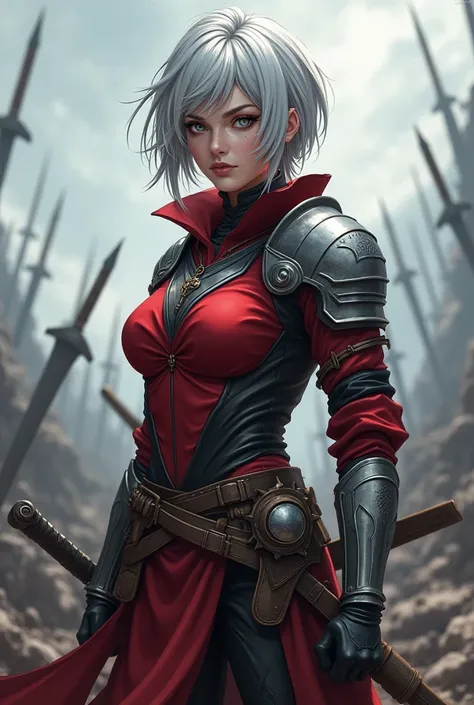 "4K anime style quality, digital drawing mode, a battle-worn and determined woman warrior with short silver-white hair, deep grey eyes filled with resolve, wearing a sleek red and black combat outfit with silver armor plates, standing on a ruined battlefie...