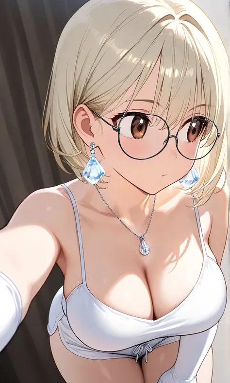  Beautiful Girl, alone, light blonde hair, glasses, brown eyes looking to the side, selfie,  leaning forward, round crystal earrings, fine silver pendant, sleeveless neckline white top, white shorts,  medium large breasts,  Big Thigh Gloves,  showing her a...