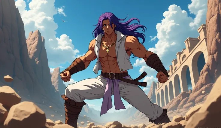  Create an anime character from [ male gender]  full body , at 27 years old,  Brown skin, LONG PURPLE HAIR,  Wearing cum necklace with a small gold cross,  wearing a white shirt,  white pants, with a leather band wrapped around the hands and forearm, Weari...