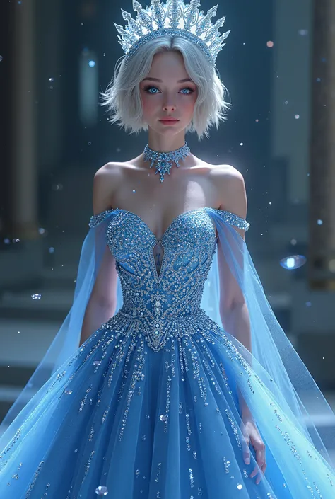 A woman wearing a long blue dress encrusted with diamonds and a crown encrusted with diamonds 1 fille,  High resolution, Cheveux Courts, blue eyes, 