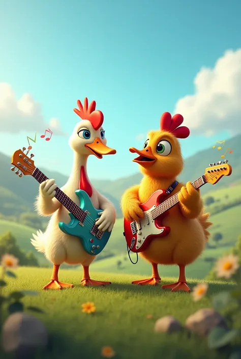 Duck and chicken play guitar music together