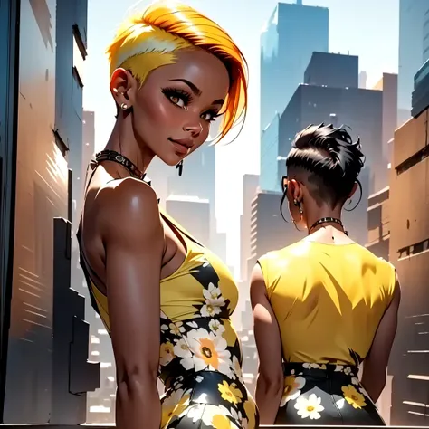 (masterpiece), (best quality), woman, short yellow top fade hair, undercut hairstyle, floral short dress, best quality, (best quality:1.1), ultra detailed, reflections, extremely detailed, 8k, city garden, detailed background