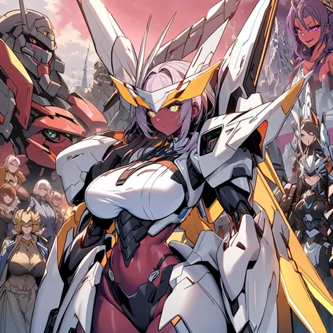 Anime, high detailed, multiple womans, mature womans, mecha armor, large mechanical wings, "Automotive-like" details on their mecha armors, blindfold (They're all using blindfolds), serious, large clawed Gauntlet, red skin, curvy body, long mechanical tail...