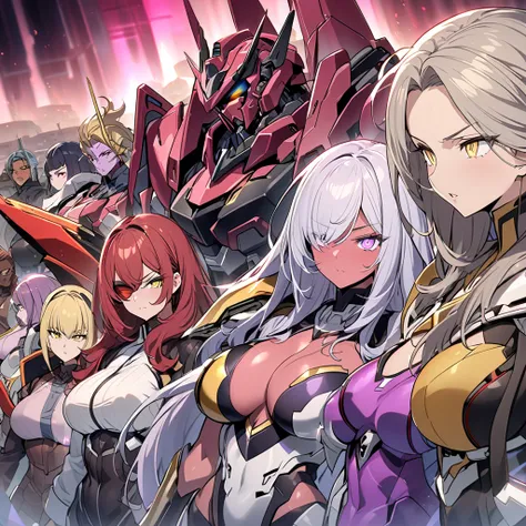 Anime, high detailed, multiple womans, mature womans, mecha armor, large mechanical wings, "Automotive-like" details on their mecha armors, blindfold (They're all using blindfolds), serious, large clawed Gauntlet, red skin, curvy body, long mechanical tail...