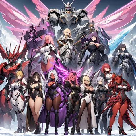 Anime, high detailed, multiple womans, mature womans, mecha armor, large mechanical wings, "Automotive-like" details on their mecha armors, blindfold (They're all using blindfolds), serious, large clawed Gauntlet, red skin, curvy body, long mechanical tail...