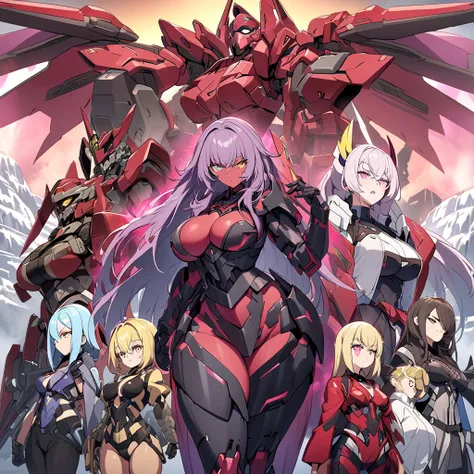 Anime, high detailed, multiple womans, mature womans, mecha armor, large mechanical wings, "Automotive-like" details on their mecha armors, blindfold (They're all using blindfolds), serious, large clawed Gauntlet, red skin, curvy body, long mechanical tail...