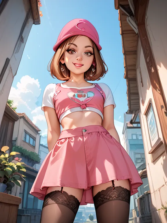 Meg Griffin ,  Brown hair,  brown eyes, pink hat, View below, looks at the viewer ,  leaned forward  , in full height,pink denim skirt,crop top , stockings