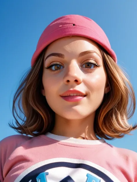 Meg Griffin ,  Brown hair,  brown eyes, pink hat, View below, looks at the viewer ,  leaned forward  