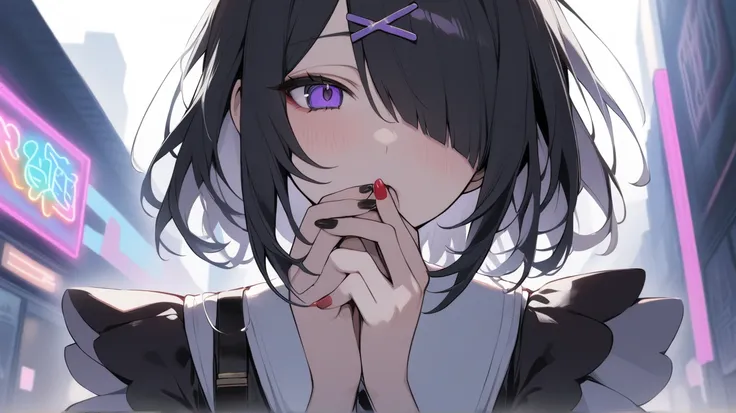  Masterpiece, top quality, 1 girl, Alone,  Princess cut,   black hair,  hair covering one eye ,   purple eyes ,  is watching viewers, ,  hair ornament,  nail polish ,   black nails,   suspenders,  one-eye cover ,  Brad Splatter, red nails, bangs,  white ba...