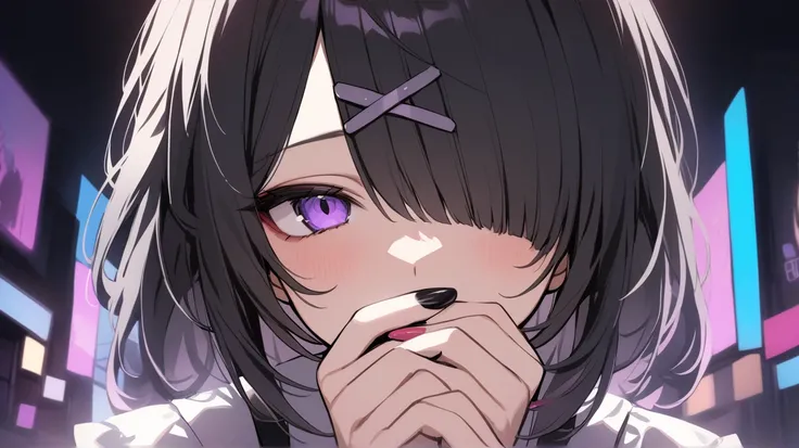  Masterpiece, top quality, 1 girl, Alone,  Princess cut,   black hair,  hair covering one eye ,   purple eyes ,  is watching viewers, ,  hair ornament,  nail polish ,   black nails,   suspenders,  one-eye cover ,  Brad Splatter, red nails, bangs,  white ba...