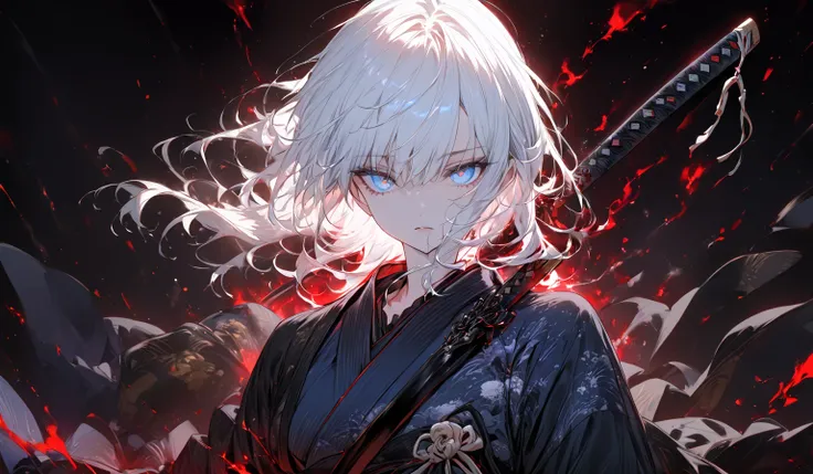 ((((Underexpose Lighting)))))、 subtle yet dramatic lighting effects ，dark atmosphere、 beautiful and delicate eyes， best quality，Superb product、Black background 。samurai、 wearing a blue kimono and black kimono。White-haired young man、The only man、（Blue Eyes)...