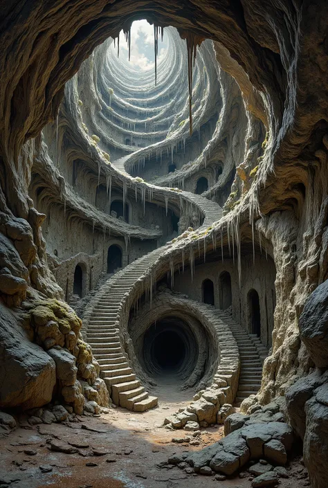 A wide-angle view of a surreal cave, with an Escher-like labyrinth of twisting corridors spiraling downward, impossible formations extending in every direction. The stone walls ripple with Van Gogh-like swirling textures, shifting under dim light. Shadows ...