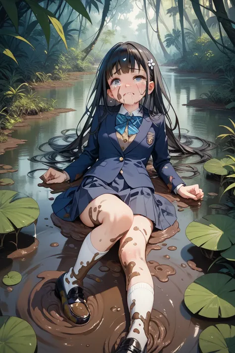  high school girl, navy blue blazer,Navy Skirt, white socks, black loafers, long black hair,Muddy blazer,Skirt covered in mud,Socks covered in mud, Jungle,Swamp, supine , crying face, lies down