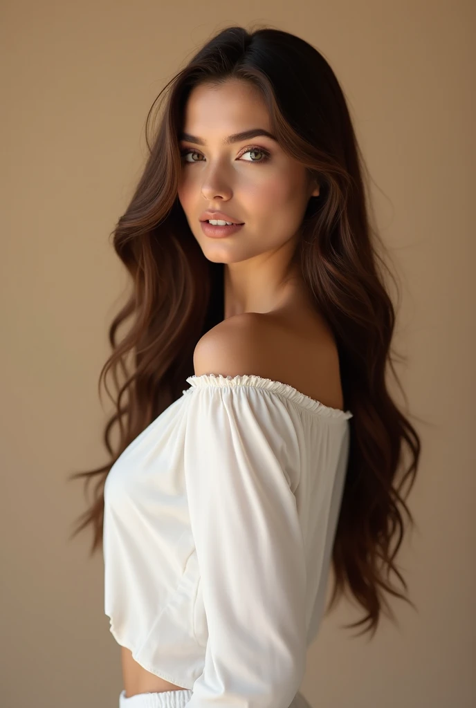 26-year-old European woman , Very long brown hair, posant dans un studio Photo  Professional. She wears an elegant outfit, such as a chic outfit or a stylish white blouse.)  and high heels . Sujet complet montré dans la Photo,  beige background with well-l...