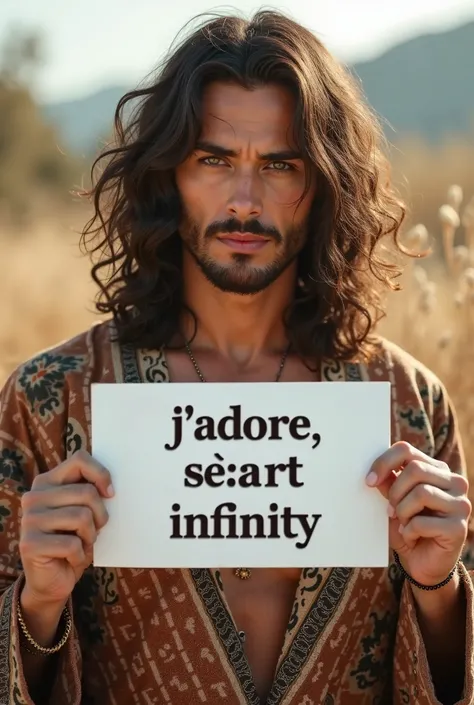 A beautiful man with long wavy hair, wearing a bohemian dress,  hair holding a white sign with the text "J'adore Seaart Infinity"  and showing it to the viewer.