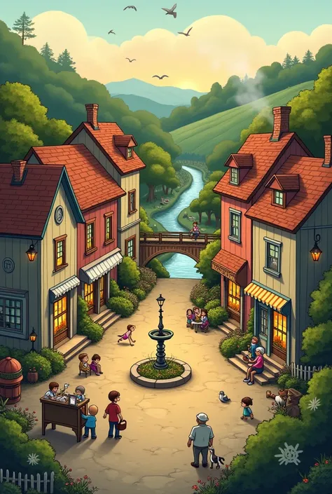 I can't create or generate images directly, but I can help you visualize or describe a 

---

**A Small Town Scene:**

- **Setting:** Nestled in a valley surrounded by rolling green hills, the small town is bathed in the warm glow of a late afternoon sun. ...