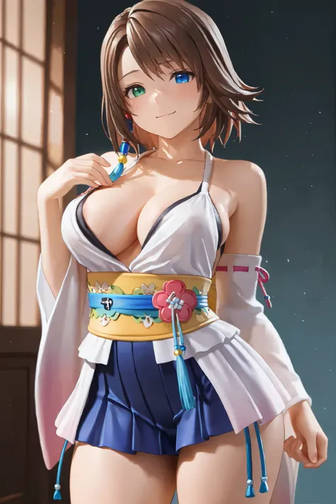 NSFW, Masterpiece, top quality, Hi-Res, very detailed,Yuna\(Final Fantasy X\), blue eyes、 brown hair at the gym、 green eyes、 hair ornament、 rainbow heterochromia、 short hair、Blue Dress、 frill dress、 cleavage、abdomen、 showgirl skirt、 short skirt, fantasy wo...