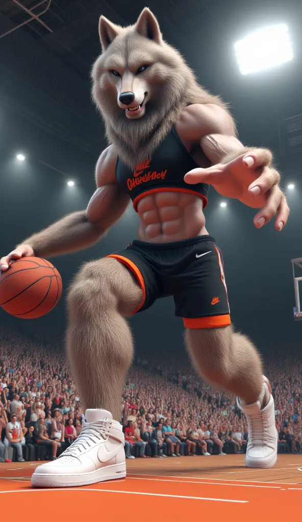 A very tall grey wolf-headed man playing beasketball wearing back crop-top with orange accents, briefs underwear, and nike air force 1 sneakers