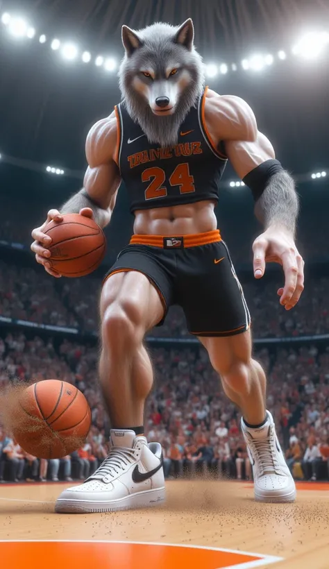 A very tall grey wolf-headed man playing beasketball wearing back crop-top with orange accents, briefs underwear, and nike air force 1 sneakers