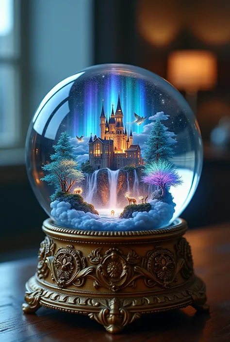 "A stunning glass snow globe with a crystal-clear surface, sitting on an ornate, antique-style golden base adorned with intricate engravings. Inside the globe, an enchanting fantasy world unfolds—an ethereal paradise with cascading waterfalls that shimmer ...