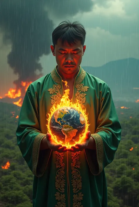 ultra realistic image of indonesian man 30 years old, short black hair, wearing in green silk with gold threads holding planet earth on fire in brazil, convey depth, in the background blue sky with abundant rain putting out the fire and on the ground green...