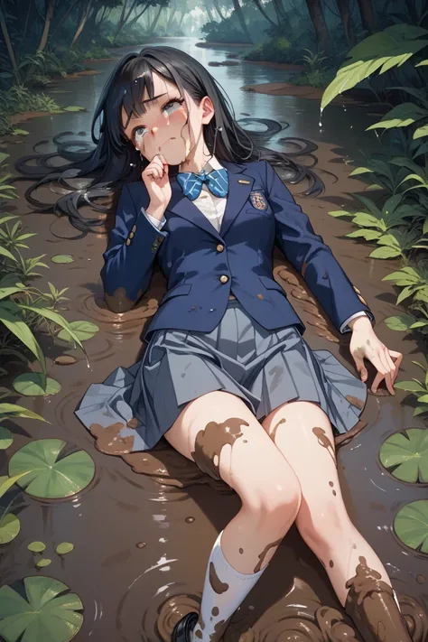  high school girl, navy blue blazer,Navy Skirt, white socks, black loafers, long black hair,Muddy blazer,Skirt covered in mud,Socks covered in mud, Jungle,Swamp, facedown, crying face, lies down