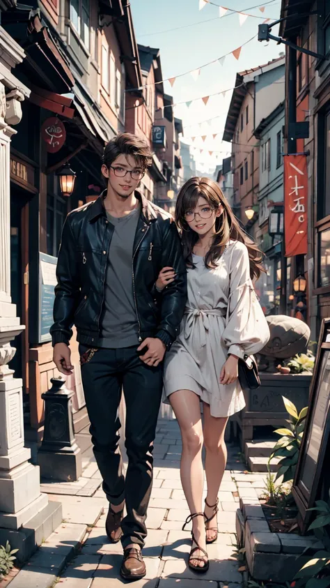  Masterpiece, Anime,  cute,  romantic ,  top quality, [ two men and women ,  couple,  matured, adult, Height difference ,  different fashions, Different colors,  casual clothes,  Long Sleeve, smile,  happy, like, Swirling Wind,  blue sky,  long haired man,...