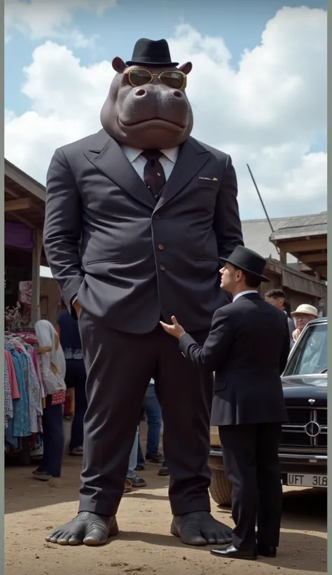 A giant anthropomorphic hippopotamus dressed in a sharp, well-fitted pinstripe suit with a matching vest and tie, standing confidently in an outdoor marketplace. He wears a black fedora and stylish gold-rimmed sunglasses. His massive hands rest in his pock...