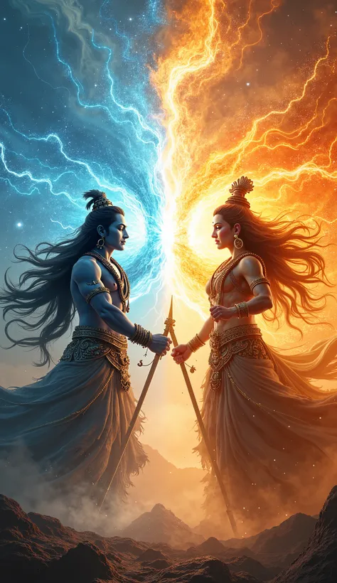 vast celestial battlefield where Lord Shiva and Lord Vishnu stand opposite each other, radiating immense divine power. The sky is split into two colors—one side glowing blue with Vishnu’s aura and the other side fiery orange with Shiva’s cosmic energy. The...